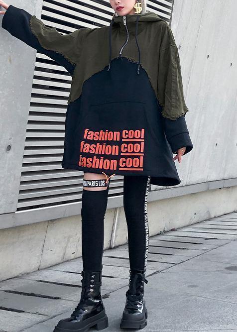 Style black cotton crane tops hooded winter Dresses patchwork tops - SooLinen