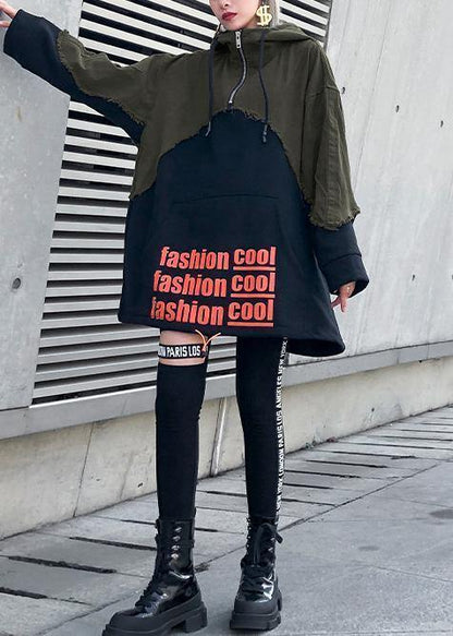 Style black cotton crane tops hooded winter Dresses patchwork tops - SooLinen