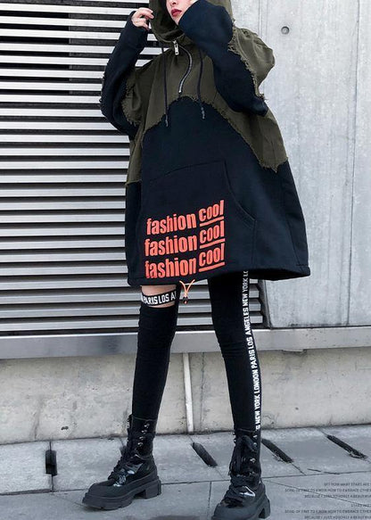 Style black cotton crane tops hooded winter Dresses patchwork tops - SooLinen