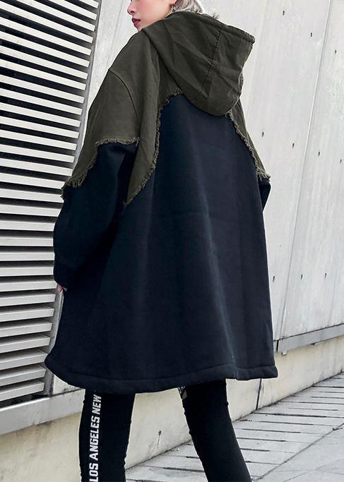 Style black cotton crane tops hooded winter Dresses patchwork tops - SooLinen