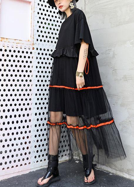 Style black cotton tunic dress patchwork tulle Dresses ruffles Dress - SooLinen