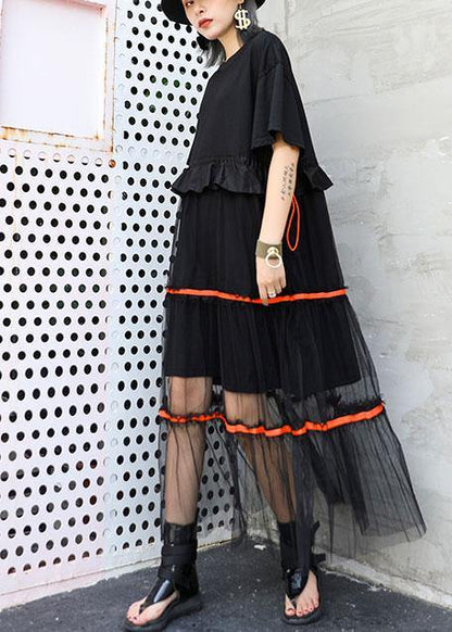 Style black cotton tunic dress patchwork tulle Dresses ruffles Dress - SooLinen
