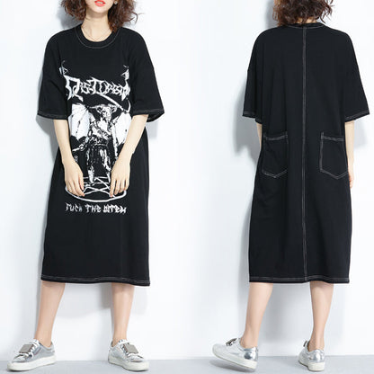 Style black print Cotton quilting clothes Plus Size pattern o neck cotton Summer Dresses