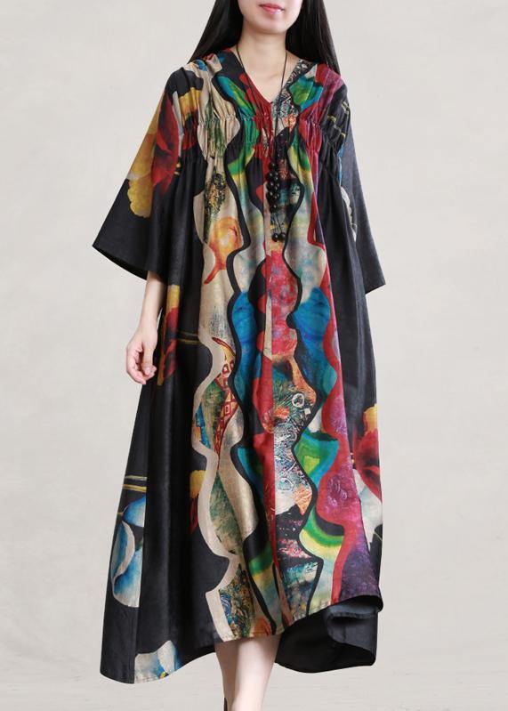 Style black print outfit v neck flare sleeve Dresses summer Dress - SooLinen