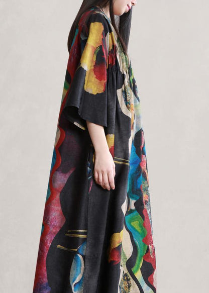 Style black print outfit v neck flare sleeve Dresses summer Dress - SooLinen