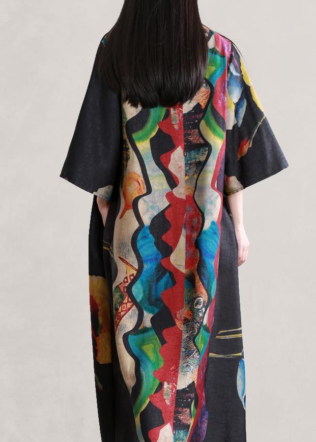 Style black print outfit v neck flare sleeve Dresses summer Dress - SooLinen