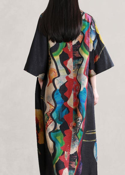 Style black print outfit v neck flare sleeve Dresses summer Dress - SooLinen