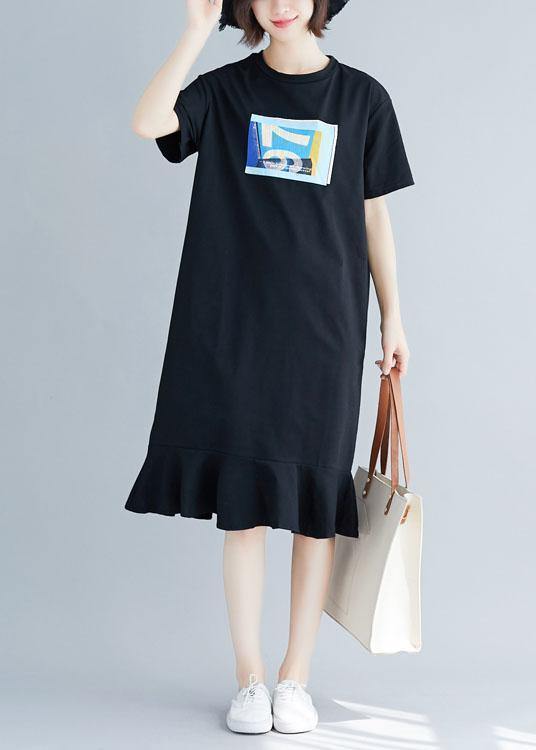 Style black prints cotton quilting clothes ruffles hem Maxi summer Dresses - SooLinen