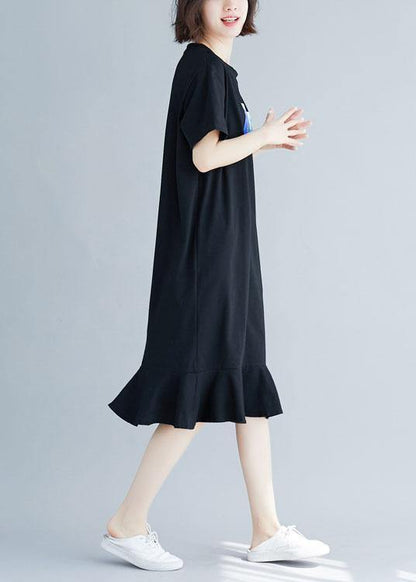 Style black prints cotton quilting clothes ruffles hem Maxi summer Dresses - SooLinen