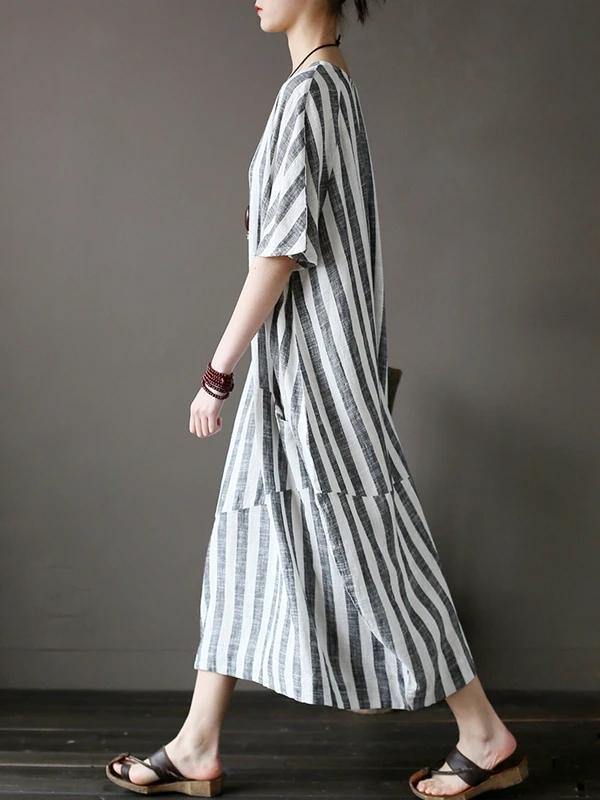 Style black striped cotton tunics for women o neck patchwork Art Dress - SooLinen