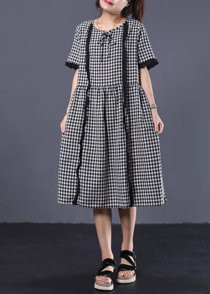 Style black white plaid cotton Tunic patchwork ruffles cotton summer Dress - SooLinen