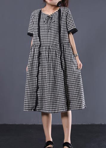 Style black white plaid cotton Tunic patchwork ruffles cotton summer Dress - SooLinen