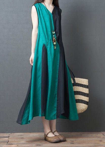 Style blue cotton clothes v neck pockets daily summer dress - SooLinen