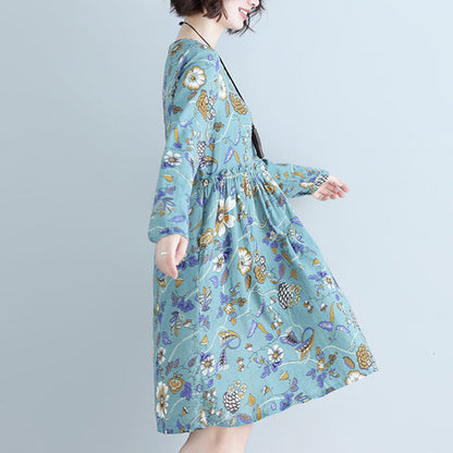 Style blue print cotton linen dress Plus Size Tutorials o neck daily Dress