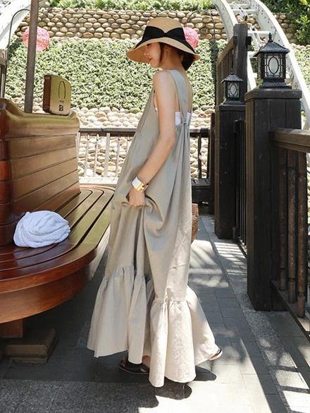 Style gray cotton dress patchwork Cinched Plus Size summer Dresses - SooLinen