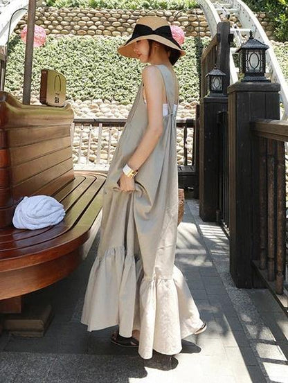 Style gray cotton dress patchwork Cinched Plus Size summer Dresses - SooLinen