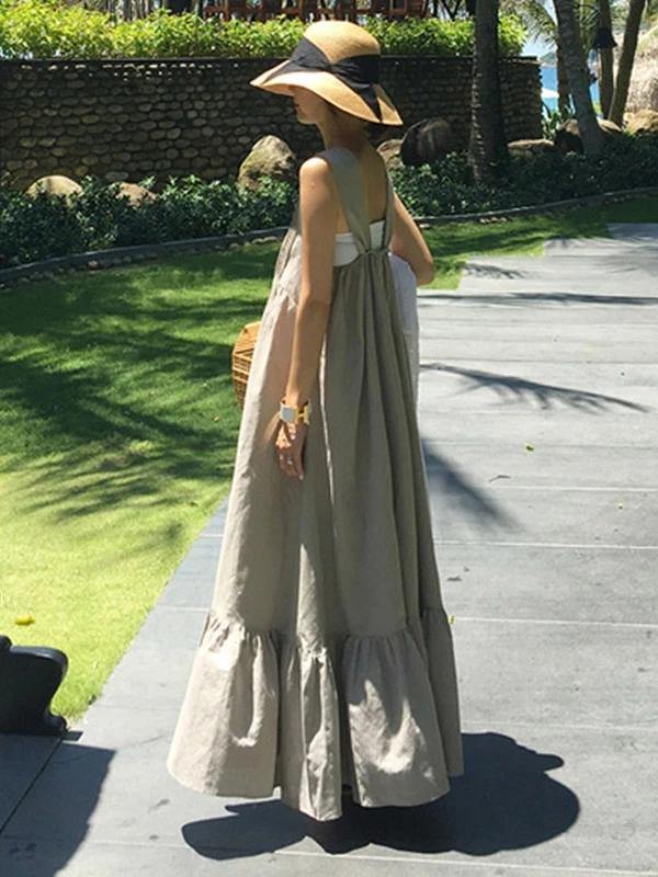 Style gray cotton dress patchwork Cinched Plus Size summer Dresses - SooLinen