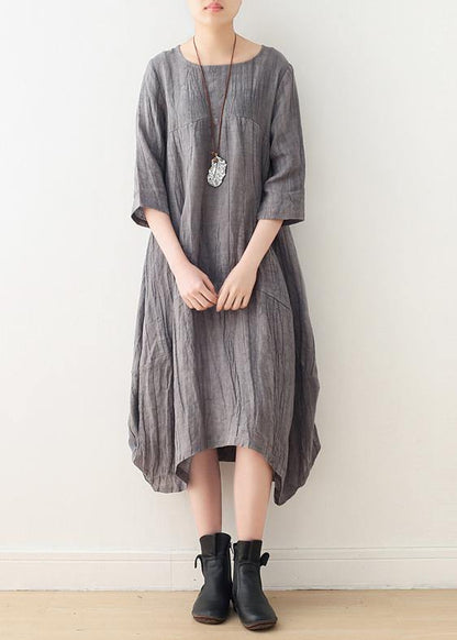 Style gray linen clothes For Women o neck asymmetric Plus Size Dress - SooLinen
