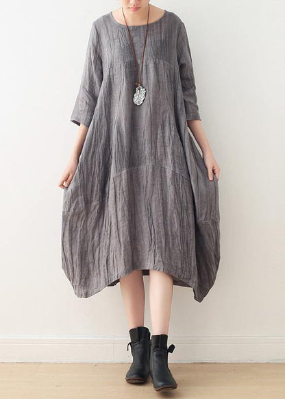 Style gray linen clothes For Women o neck asymmetric Plus Size Dress - SooLinen
