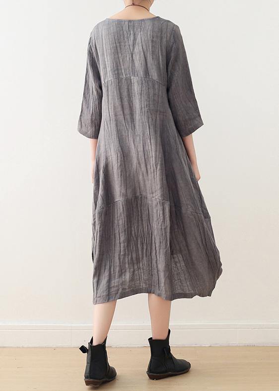 Style gray linen clothes For Women o neck asymmetric Plus Size Dress - SooLinen