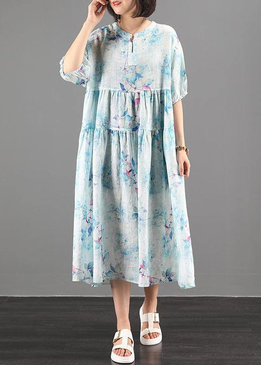 Style green print  clothes Women o neck exra large hem A Line Dress - SooLinen