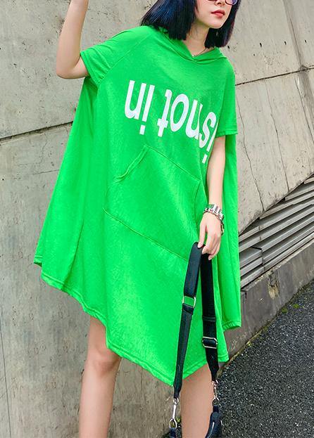 Style green print Cotton Tunic hooded asymmetric daily Dress - SooLinen
