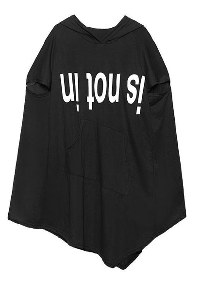 Style green print Cotton Tunic hooded asymmetric daily Dress - SooLinen