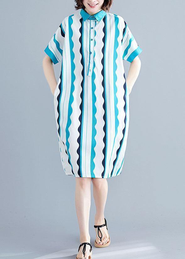 Style green striped Cotton clothes Women lapel tunic summer Dress - SooLinen