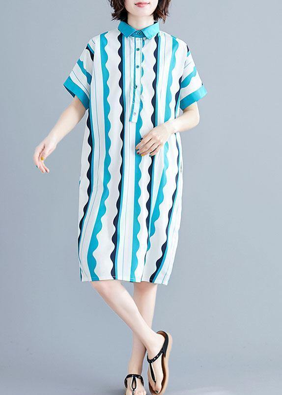 Style green striped Cotton clothes Women lapel tunic summer Dress - SooLinen