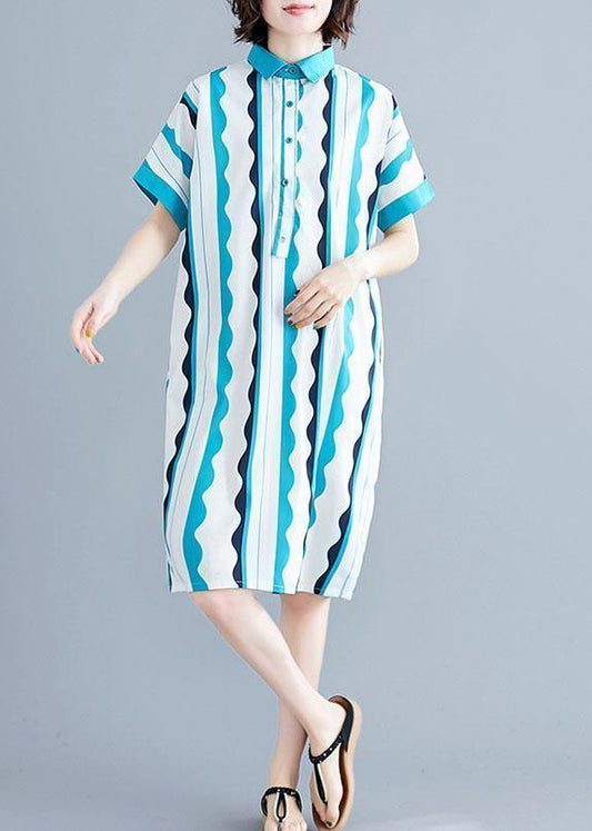 Style green striped Cotton clothes Women lapel tunic summer Dress - SooLinen