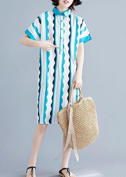Style green striped Cotton clothes Women lapel tunic summer Dress - SooLinen