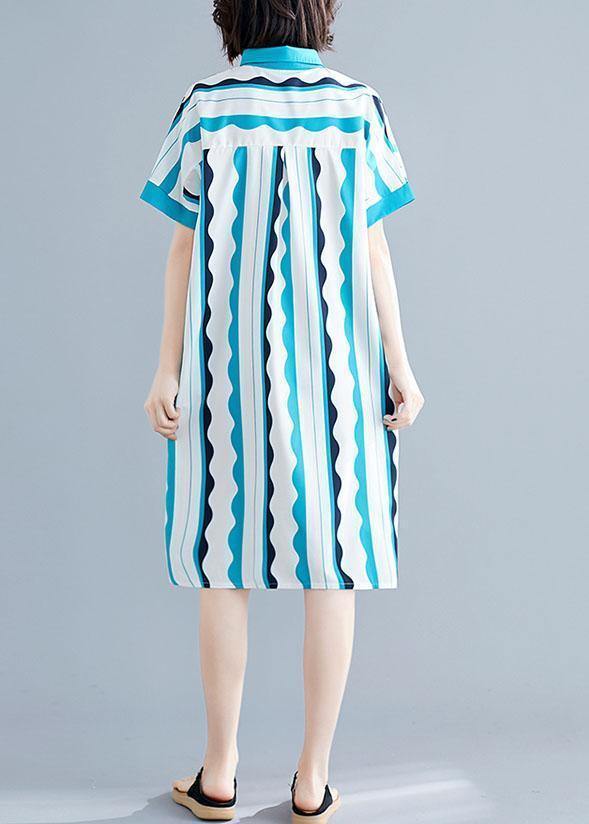 Style green striped Cotton clothes Women lapel tunic summer Dress - SooLinen