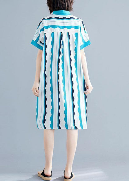 Style green striped Cotton clothes Women lapel tunic summer Dress - SooLinen