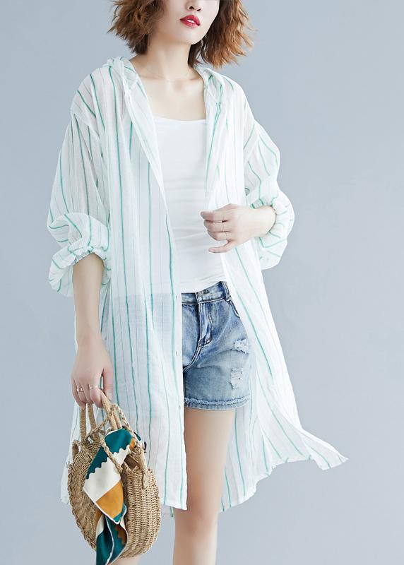Style hooded chiffon Tunic Work green striped shirts summer - SooLinen