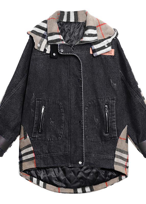 Style hooded patchwork  tunics for women denim blue Plus Size Clothing outwear - SooLinen