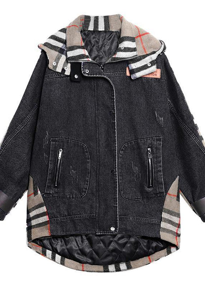 Style hooded patchwork  tunics for women denim blue Plus Size Clothing outwear - SooLinen