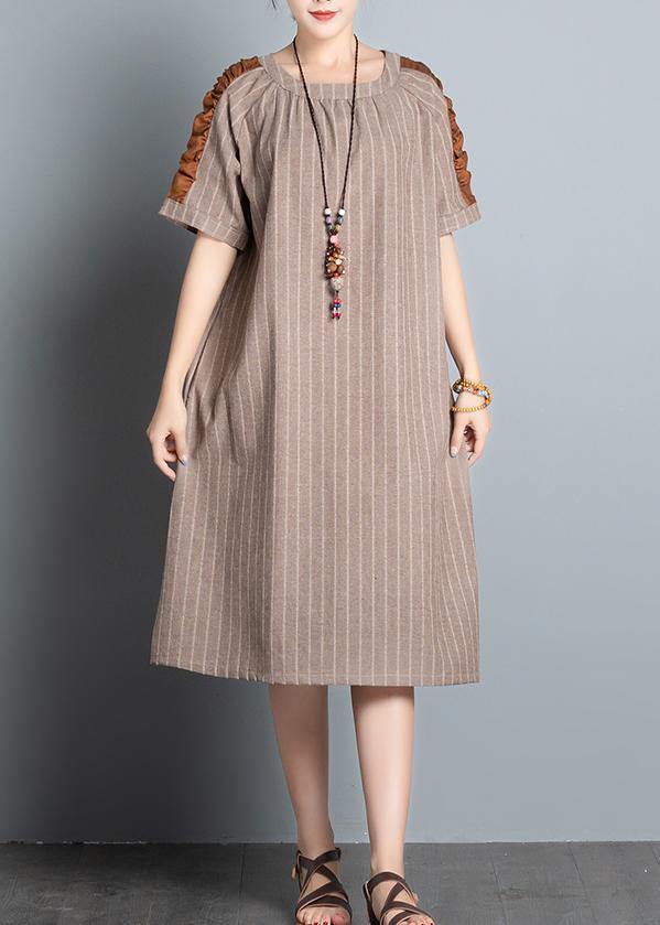 Style khaki striped cotton clothes For Women o neck patchwork Plus Size summer Dresses - SooLinen