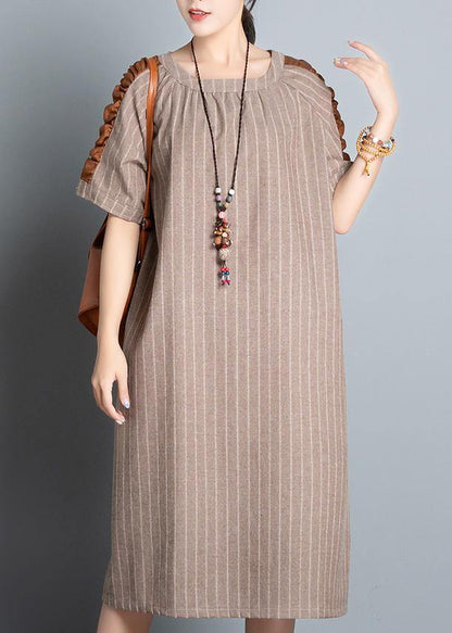 Style khaki striped cotton clothes For Women o neck patchwork Plus Size summer Dresses - SooLinen