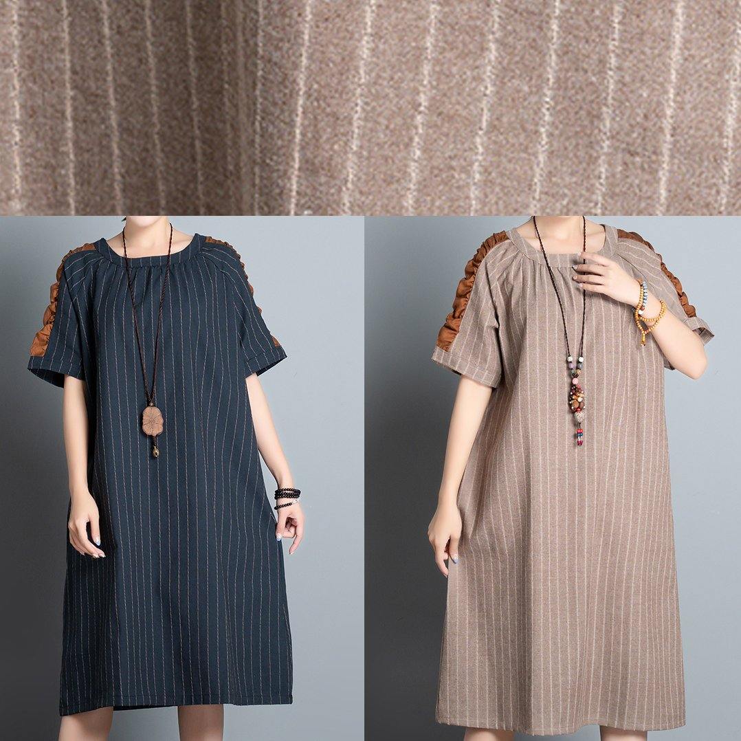 Style khaki striped cotton clothes For Women o neck patchwork Plus Size summer Dresses - SooLinen