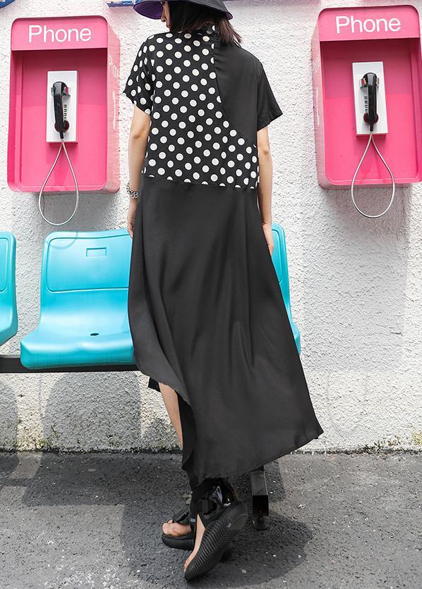 Style lapel asymmetric chiffon Robes boutique Tutorials black dotted Dress Summer - SooLinen