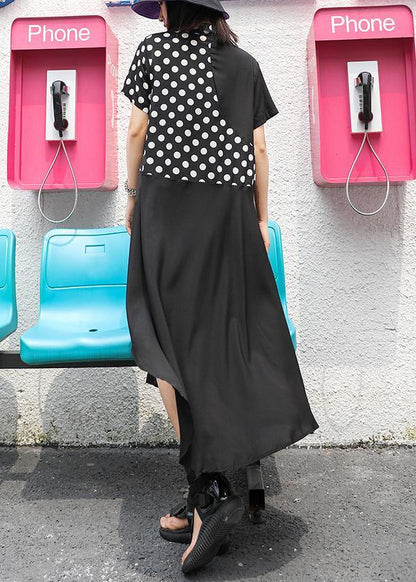 Style lapel asymmetric chiffon Robes boutique Tutorials black dotted Dress Summer - SooLinen