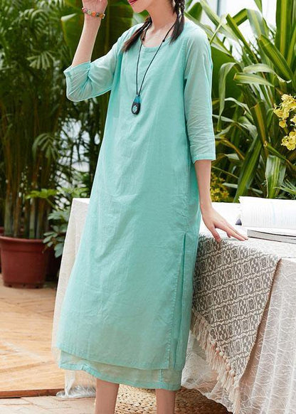 Style light green cotton Tunics half sleeve o neck Traveling summer Dress - SooLinen