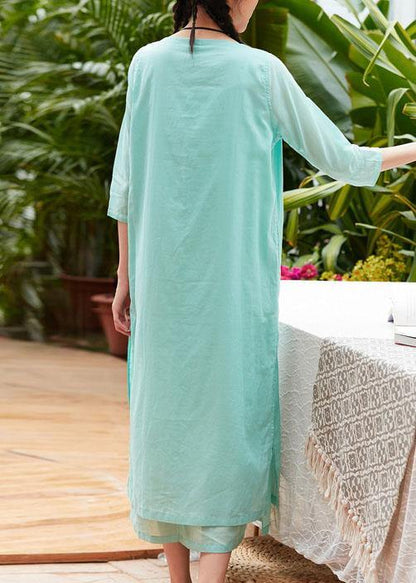 Style light green cotton Tunics half sleeve o neck Traveling summer Dress - SooLinen