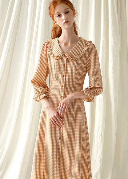 Style light orange plaid blended Tunics o neck Maxi fall Dress - SooLinen