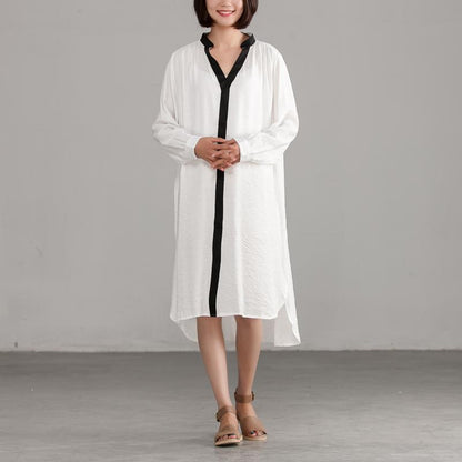Style linen cotton quilting clothes Pakistani White Long Sleeve Loose Irregular Dress