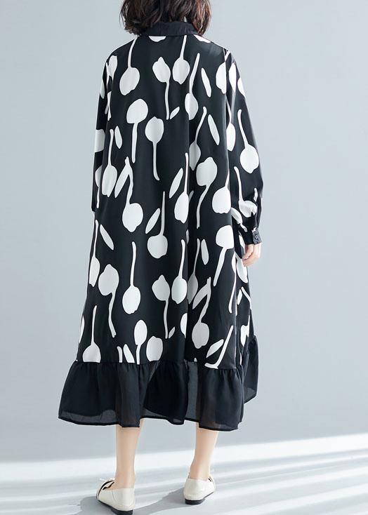 Style low high design cotton dress Work Outfits black prints shirt Dresses summer - SooLinen