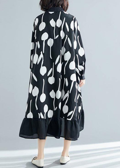 Style low high design cotton dress Work Outfits black prints shirt Dresses summer - SooLinen