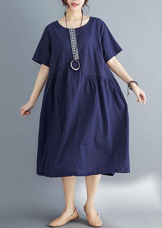 Style navy linen dress plus size Outfits o neck patchwork oversized Summer Dress - SooLinen