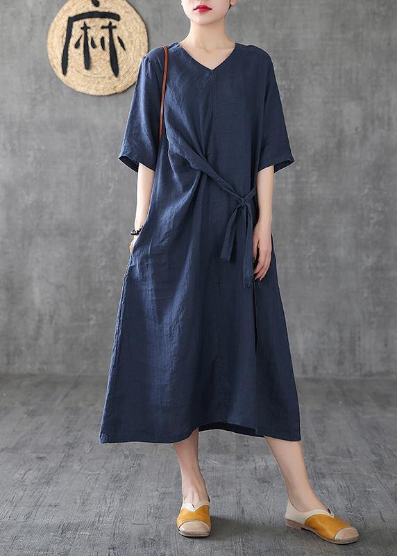 Style navy linen dresses v neck tunic linen robes summer Dress - SooLinen