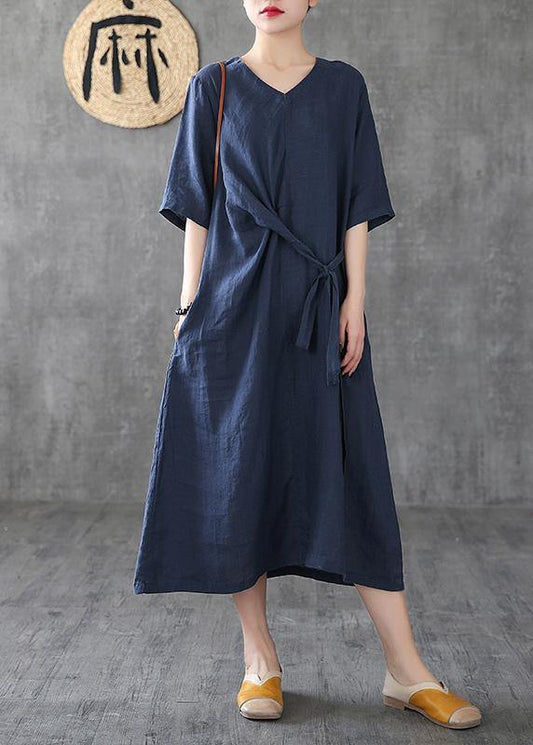 Style navy linen dresses v neck tunic linen robes summer Dress - SooLinen
